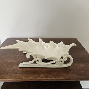 Vintage Irredesent White Holly Leaf Sleigh Candy Dish Decor 11" Long